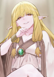 Rule 34 | 1girl, absurdres, blonde hair, breasts, brown background, cleavage, collarbone, commentary, ear bar, ear piercing, elf, gem, green gemstone, hair tubes, hand up, highres, long hair, looking at viewer, mile (off8mile), piercing, pointy ears, serie (sousou no frieren), shirt, smile, solo, sousou no frieren, upper body, white shirt, yellow eyes