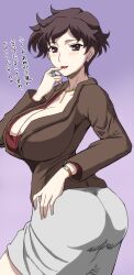 Rule 34 | 1girl, ass, breasts, brown hair, cleavage, finger to mouth, hand on own hip, highres, japanese text, katsura manami, large breasts, legs, lipstick, looking at viewer, looking back, makeup, mature female, red lips, robota0808, school days, shiny days, short hair, sideboob, skirt, smile, solo, summer days, thick thighs, thighs, translation request