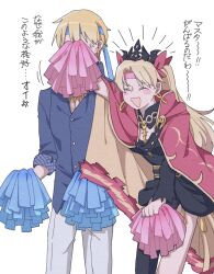 Rule 34 | 1boy, 1girl, alternate costume, anger vein, black tiara, blonde hair, blue headband, blue pom poms, blue shirt, cape, cheering, cheerleader, closed eyes, earrings, ereshkigal (fate), fate/grand order, fate (series), gilgamesh, gilgamesh (caster) (fate), gilgamesh (establishment) (fate), gilgamesh (fate), hair ribbon, hand up, headband, hinata (eine blume), hoop earrings, jewelry, necklace, official alternate costume, open mouth, pants, pom pom (cheerleading), red cape, red eyes, red headband, red pom poms, red ribbon, ribbon, shirt, skull, skull necklace, smile, spine, tiara, white pants