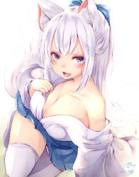 Rule 34 | 1girl, :d, animal ear fluff, animal ears, arm support, blue eyes, blue hakama, breasts, chita (ketchup), cleavage, collarbone, fang, fox ears, fox girl, fox tail, from above, hair ribbon, hakama, hakama skirt, hand on own chest, highres, hikimayu, japanese clothes, kimono, large breasts, long hair, long sleeves, looking at viewer, no shoes, off shoulder, open mouth, original, ribbon, signature, sitting, skirt, smile, solo, tail, teeth, thighhighs, twitter username, white hair, white thighhighs, wide sleeves, yokozuwari