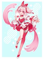Rule 34 | 1girl, absurdres, asymmetrical legwear, blue background, crop top, dress, full body, high heels, highres, indie virtual youtuber, looking at viewer, macchoko, mismatched legwear, open mouth, pink dress, pink eyes, pink hair, pink legwear, pink shirt, ryuhyo rione, shirt, short twintails, twintails, virtual youtuber, white dress, white footwear