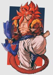 Rule 34 | 1boy, absurdres, biceps, black wristband, blue eyes, blue sash, body fur, brown fur, dragon ball, dragon ball gt, full body, gogeta, highres, looking at viewer, male focus, metamoran vest, monkey boy, monkey tail, muscular, muscular male, no nipples, open mouth, pants, pectorals, red hair, relio db318, sash, simple background, smile, smirk, solo, spiked hair, super saiyan, super saiyan 4, tail, teeth, white pants