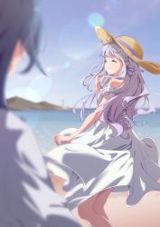 Rule 34 | 2girls, aizawa kazuha, assault lily, bare shoulders, beach, blue hair, blue sky, blurry, blurry background, blurry foreground, braid, brown headwear, closed eyes, commentary request, day, depth of field, dress, facing away, feet out of frame, floating hair, from side, grey hair, grin, hair ornament, hair ribbon, hairclip, hand up, hat, hat ribbon, highres, horizon, kon kanaho, lens flare, lighthouse, long hair, long sleeves, multiple girls, musihara, ocean, off-shoulder dress, off shoulder, outdoors, parted lips, purple ribbon, ribbon, shirt, side braid, sidelocks, sky, sleeveless, sleeveless dress, smile, solo focus, standing, sun hat, sundress, wavy hair, white dress, white shirt