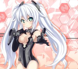 Rule 34 | &gt;:), 10s, 1girl, aqua eyes, armpits, bare shoulders, black gloves, black heart (neptunia), blue eyes, blush, breasts, cleavage, cleavage cutout, clothing cutout, cowboy shot, elbow gloves, female focus, foreshortening, gloves, gradient background, hair between eyes, hair ornament, hand on own chest, highres, honeycomb (pattern), honeycomb background, honeycomb pattern, kami jigen game neptune v, leotard, light smile, logo, long hair, looking at viewer, magical girl, neptune (series), noire (neptunia), outstretched arm, shadow, sidelocks, sige-mi@sk, sigemi, smile, solo, symbol-shaped pupils, twintails, v-shaped eyebrows, vambraces, very long hair, white hair