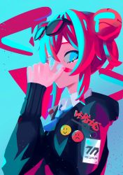 Rule 34 | 1girl, absurdres, ahoge, aqua theme, badge, blue archive, blue eyes, blue light, blue necktie, button badge, contrast, double bun, eyewear on head, hair bun, highres, id card, blue background, limited palette, looking at viewer, maki (blue archive), necktie, no lineart, no mouth, paint splatter, paint splatter on face, red hair, short hair, smiley face, solo, sunglasses, yidu unom