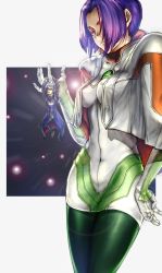 Rule 34 | 1boy, 1girl, breasts, closed mouth, covered navel, gloves, highres, kahran ramsus, looking at viewer, miang hawwa, pantyhose, purple hair, short hair, silver hair, skin tight, skirt, smile, uniform, xenogears