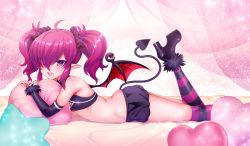 Rule 34 | 1girl, ahoge, bad id, bad pixiv id, bare shoulders, boots, breasts, demon girl, demon tail, demon wings, detached sleeves, fang, fur trim, hair over one eye, high heel boots, high heels, hizuki akira, looking at viewer, microskirt, open mouth, original, pillow, pink eyes, pink hair, pointy ears, scrunchie, skirt, small breasts, smile, solo, striped clothes, striped thighhighs, tail, thighhighs, twintails, wings