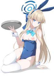 Rule 34 | 1girl, animal ears, bare shoulders, blonde hair, blue archive, blue bow, blue eyes, blue hairband, blue leotard, bow, bowtie, braid, breasts, breasts out, closed mouth, detached collar, fake animal ears, full body, hairband, halo, highleg, highleg leotard, highres, holding, holding tray, leaning to the side, leotard, leotard pull, long hair, looking at viewer, medium breasts, nipples, official alternate costume, official alternate hairstyle, playboy bunny, rabbit ears, sitting, solo, thighhighs, thighs, toki (blue archive), toki (bunny) (blue archive), tray, very long hair, white thighhighs, wrist cuffs, yokozuwari, yu-ta