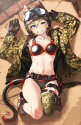 Rule 34 | 1girl, animal hat, belt, black footwear, black gloves, blonde hair, blue eyes, breasts, camouflage, camouflage jacket, camouflage legwear, cat hat, cat tail, from above, gloves, goggles, goggles on head, hair between eyes, hat, highres, jacket, kakaobataa, lying, midriff, navel, on back, original, second-party source, single thighhigh, small breasts, smile, tail, thigh strap, thighhighs