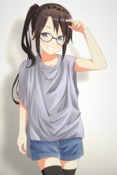 Rule 34 | 1girl, absurdres, alternate hairstyle, black hair, black thighhighs, blue eyes, braid, commentary request, cowboy shot, crown braid, glasses, gradient background, highres, idolmaster, idolmaster shiny colors, long hair, looking at viewer, mitsumine yuika, shirt, shorts, side ponytail, smile, solo, taka-chan, thighhighs, zettai ryouiki