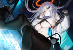 Rule 34 | 1girl, absurdres, aqua eyes, black bra, black pantyhose, blush, bra, breasts, cable, closed mouth, covered erect nipples, entangled, grey hair, hair ornament, hairclip, halo, highres, jacket, large breasts, long hair, long sleeves, looking at viewer, navel, nishikikope, no shoes, off shoulder, original, pantyhose, raised eyebrows, solo, underwear, white jacket