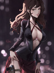 Rule 34 | 1girl, absurdres, between breasts, biker clothes, bikesuit, blurry, blurry background, bodysuit, breasts, brown eyes, brown hair, center opening, character name, cleavage, closed mouth, clothes lift, collared shirt, contrapposto, gun, handgun, highres, holster, jewelry, large breasts, lifting own clothes, long hair, long sleeves, looking at viewer, lupin iii, mine fujiko, necklace, nose, partially unzipped, qiaogun damodao, shirt, skirt, skirt lift, smile, solo, thigh holster, unbuttoned, weapon