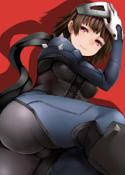 Rule 34 | 10s, 1girl, ass, blunt bangs, bodysuit, braid, breasts, brown hair, gloves, hand on own head, highres, looking at viewer, lying, mask, nemu (nebusokugimi), niijima makoto, on side, persona, persona 5, pink eyes, red background, scarf, short hair, side braid, smile, solo, spikes, thighs