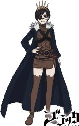 Rule 34 | 1girl, black clover, black hair, boots, coat, eyepatch, female focus, fur trim, hand on own hip, high boots, highres, looking at viewer, official art, red eyes, short hair, smile, standing, thighs, tiara, vanica zogratis, white background