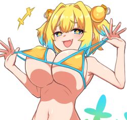 Rule 34 | + +, 1girl, absurdres, bare shoulders, bikini, blonde hair, blue eyes, blue hair, blush, bombergirl, breasts, chawan (yultutari), cleavage, grenade hair ornament, hair ornament, highres, large breasts, looking at viewer, multicolored hair, navel, open mouth, pine (bombergirl), short hair, smile, solo, strap pull, swimsuit, symbol-shaped pupils, two-tone hair, yellow bikini, yellow pupils