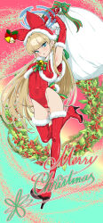 Rule 34 | 1girl, absurdres, armpits, bell, blonde hair, blue archive, blue eyes, boots, capelet, christmas, elbow gloves, fake tail, full body, gloves, hassystants, hat, high heel boots, high heels, highres, holding, holding sack, long hair, merry christmas, rabbit tail, red capelet, red footwear, red gloves, red hat, sack, solo, tail, thigh boots, toki (blue archive)
