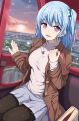 Rule 34 | 1girl, :d, bad id, bad twitter id, bag, bang dream!, black pantyhose, blue skirt, blurry, box, brown coat, city, cityscape, coat, depth of field, duffel coat, evening, ferris wheel interior, gradient sky, grey sweater, hand up, highres, holding, holding box, horizon, jewelry, long hair, long sleeves, looking at viewer, matsubara kanon, miniskirt, narafume, necklace, one side up, open clothes, open coat, open mouth, outdoors, pantyhose, pleated skirt, polka dot, pom pom (clothes), purple eyes, ribbed sweater, sidelocks, sitting, skirt, sky, smile, solo, sweater, turtleneck, turtleneck sweater