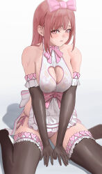 Rule 34 | 1girl, absurdres, apron, bare shoulders, bikini, blurry, blush, bow, breasts, brown gloves, brown thighhighs, cleavage, cleavage cutout, clothing cutout, commentary, dead or alive, dead or alive xtreme, elbow gloves, frilled apron, frills, gloves, hair bow, heart, heart cutout, highres, hoki1314, honoka (doa), huge breasts, long hair, looking at viewer, no shoes, open mouth, pink eyes, pink hair, pink trim, side-tie bikini bottom, sideboob, sitting, sleeveless, solo, sweat, swimsuit, thighhighs, thighs, v arms, wariza, white apron, white background, white bikini
