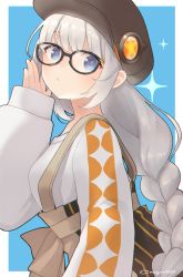 Rule 34 | 1girl, a.i. voice, binchou maguro, black-framed eyewear, black hat, blue background, blue eyes, braid, breasts, brown skirt, cabbie hat, closed mouth, commentary request, eyebrows hidden by hair, from side, glasses, grey hair, hand up, hat, kizuna akari, kizuna akari (a.i. voice), long hair, long sleeves, looking at viewer, looking to the side, medium breasts, puffy long sleeves, puffy sleeves, shirt, skirt, sleeves past wrists, solo, sparkle, suspender skirt, suspenders, two-tone background, very long hair, voiceroid, white background, white shirt