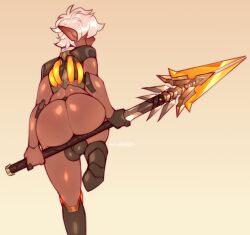 Rule 34 | 1boy, android, armor, ass, ass grab, bulge, dark elf, dark skin, elf, glowing, highres, holding, holding polearm, holding weapon, huge ass, knee up, large testicles, medium hair, original, pointy ears, polearm, presenting, seams, shiny skin, smile, solo, testicles, trap, tube, weapon, white hair, zhiin