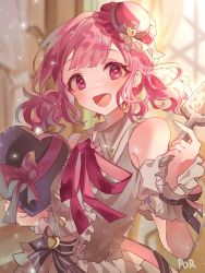 Rule 34 | 1girl, box, commentary, detached sleeves, frills, hat, heart-shaped box, highres, himitsu no valentine daisakusen! (project sekai), looking at viewer, medium hair, mini hat, ootori emu, open mouth, pink eyes, pink hair, por ( por tt), project sekai, smile, solo, twintails, valentine
