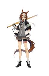 Rule 34 | 1girl, animal ears, artist request, bamboo memory (umamusume), bike shorts, black footwear, black necktie, blue eyes, boots, brown hair, full body, gloves, hair between eyes, hand in pocket, headband, highres, horse ears, horse girl, horse tail, jacket, looking at viewer, multicolored hair, necktie, official art, open mouth, pleated skirt, school uniform, shinai, short hair, shorts, shorts under skirt, skirt, solo, sword, tail, transparent background, two-tone hair, umamusume, weapon, white gloves, white hair