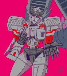 Rule 34 | 1girl, armor, colored skin, delari, grey panties, grey skin, hand on own chest, highres, mecha, mecha musume, megaempress, metal skin, panties, red background, red eyes, robot, science fiction, shoulder armor, thick thighs, thighs, transformers, underwear