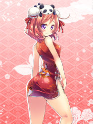 Rule 34 | 10s, 1girl, animal, ass, blush, china dress, chinese clothes, cowboy shot, dress, female focus, kneepits, kurou (quadruple zero), looking at viewer, looking back, love live!, love live! school idol festival, love live! school idol project, nishikino maki, outline, panda, red background, red theme, smile, solo, standing, white outline