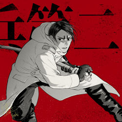Rule 34 | 1boy, text background, black eyes, black footwear, black hair, black pants, boots, buttons, coat, gloves, golden kamuy, greyscale, greyscale with colored background, highres, holding, holding sword, holding weapon, hood, hood down, hooded coat, imperial japanese army, koito otonoshin, leather, leather gloves, long sleeves, looking at viewer, male focus, military, military uniform, monochrome, open mouth, pants, parted bangs, red background, sheath, sheathed, short hair, signature, simple background, solo, spot color, standing, star (symbol), sword, uniform, weapon, white coat, yoshimi