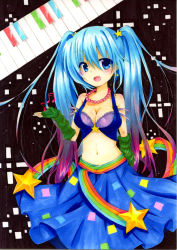 Rule 34 | 1girl, alternate costume, arcade sona, arm warmers, bare shoulders, blue eyes, blue hair, blush, breasts, cleavage, colored pencil (medium), fingerless gloves, gloves, gradient hair, highres, instrument, jewelry, keyboard (instrument), kinoko0120, league of legends, long hair, matching hair/eyes, midriff, multicolored hair, musical note, navel, necklace, open mouth, purple hair, solo, sona (league of legends), star (symbol), traditional media, twintails