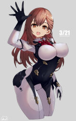 Rule 34 | 1girl, alice gear aegis, blush, bodysuit, breasts, brown eyes, brown hair, cleavage, covered erect nipples, gloves, large breasts, long hair, looking at viewer, nipples, red cat hood, simple background, smile, solo, usamoto anna, white bodysuit