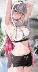 Rule 34 | 1girl, absurdres, ahoge, armpits, arms up, black shorts, blurry, blurry background, blush, breasts, breath, cleavage, closed mouth, cowboy shot, drawstring, earrings, gym shorts, heart, heart ahoge, heterochromia, highres, jewelry, large breasts, long hair, looking at viewer, midriff, multicolored hair, navel, original, pink hair, red hair, short shorts, shorts, smile, solo, sports bra, stomach, sweat, thighs, two-tone hair, very long hair, vitaminechan, vivi (vitaminechan), white hair, yellow eyes