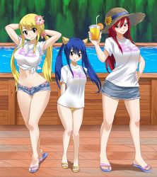 Rule 34 | 3girls, arms behind back, bikini, bikini bottom only, black eyes, blonde hair, blue hair, blue ribbon, blush, brown eyes, brown hat, day, denim, denim shorts, denim skirt, erza scarlet, fairy tail, floating hair, flower, grey shorts, grey skirt, hair between eyes, hair flower, hair ornament, hair ribbon, hand on own hip, hat, hat flower, hat ribbon, hibiscus, highres, long hair, looking at viewer, lucy heartfilia, micro shorts, midriff, miniskirt, multiple girls, nail polish, navel, outdoors, parted lips, pink bikini, pink flower, pink nails, pink ribbon, planeptune, red hair, ribbon, sandals, shiny skin, shirt, short sleeves, shorts, side-tie bikini bottom, skirt, smile, standing, stomach, straw hat, sun hat, sunflower, swimsuit, swimsuit under clothes, tied shirt, twintails, wendy marvell, white shirt, wide hips, yellow bikini, yellow flower