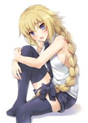 Rule 34 | 1girl, :d, black bow, black necktie, black shorts, black thighhighs, blonde hair, blue eyes, bow, braid, braided ponytail, breasts, collared shirt, fate/apocrypha, fate (series), hair between eyes, hair bow, highres, hugging own legs, jeanne d&#039;arc (fate), jeanne d&#039;arc (girl from orleans) (fate), jeanne d&#039;arc (ruler) (fate), long hair, looking at viewer, medium breasts, necktie, open mouth, ponytail, samoore, shirt, short shorts, shorts, sideboob, simple background, sitting, sketch, sleeveless, sleeveless shirt, smile, solo, sweatdrop, thighhighs, very long hair, white background, white shirt, wing collar, zettai ryouiki