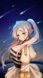 Rule 34 | 1girl, absurdres, blush, breasts, cleavage, earrings, elf, foxyreine, frieren, green eyes, grey hair, highres, jewelry, large breasts, long hair, long sleeves, looking at viewer, making-of available, night, night sky, parted bangs, pointy ears, sky, smile, solo, sousou no frieren, twintails