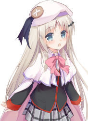 Rule 34 | 1girl, absurdres, bat hair ornament, beret, black jacket, blue eyes, blush, bow, cannian dada, cape, capelet, collared shirt, commentary request, dress shirt, grey skirt, hair ornament, hat, highres, jacket, light brown hair, little busters!, long hair, long sleeves, looking at viewer, multicolored cape, multicolored clothes, noumi kudryavka, open mouth, pink bow, pink cape, plaid, plaid skirt, pleated skirt, school uniform, shirt, skirt, sleeves past wrists, solo, very long hair, white cape, white capelet, white hat, white shirt