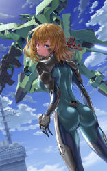 Rule 34 | 1girl, ass, black gloves, blonde hair, blue eyes, bodysuit, breasts, cloud, covered erect nipples, expressionless, f-22a raptor (muv-luv), flying, fortified suit, gloves, green bodysuit, green eyes, gun, hair behind ear, hair ribbon, highres, holding, holding gun, holding weapon, kurione (zassou), looking at viewer, looking back, looking up, mecha, medium breasts, medium hair, muv-luv, muv-luv alternative, open hand, original, pilot suit, red ribbon, ribbon, robot, skin tight, sky, tactical surface fighter, weapon