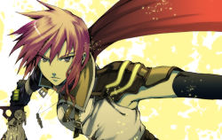 Rule 34 | 10s, 1girl, armor, artist request, asymmetrical sleeves, bad id, bad pixiv id, cape, final fantasy, final fantasy xiii, gloves, jewelry, lightning farron, necklace, pauldrons, pink hair, shoulder armor, solo, sword, uneven sleeves, v-shaped eyebrows, weapon, white background, yellow background, yosimura