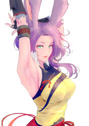Rule 34 | 1girl, absurdres, animal ears, armlet, armpits, arms up, breasts, covered erect nipples, elbow gloves, eyelashes, final fantasy, final fantasy xiv, fingerless gloves, fingernails, fur collar, gloves, green eyes, hand on own arm, highres, large breasts, light smile, lips, long hair, looking at viewer, oliver (oliverclassict), parted lips, purple hair, rabbit ears, shirt, simple background, sleeveless, sleeveless shirt, solo, upper body, viera, warrior of light (ff14), white background