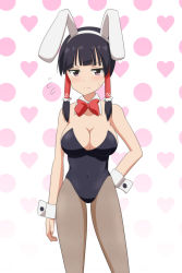 Rule 34 | 1girl, animal ears, bare shoulders, black hair, black leotard, blunt bangs, bow, bowtie, breasts, cato (monocatienus), cleavage, commentary, covered navel, detached collar, fake animal ears, flying sweatdrops, frown, hair tubes, hairband, hakurei reimu, hand on own hip, heart, heart background, highres, large breasts, leotard, looking at viewer, pantyhose, playboy bunny, polka dot, polka dot background, rabbit ears, red bow, red bowtie, short hair with long locks, sidelocks, simple background, solo, sweatdrop, touhou, white background, wrist cuffs