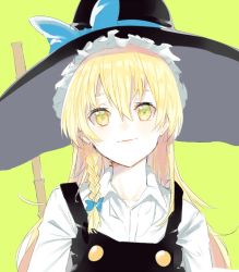 Rule 34 | 1girl, apron, blonde hair, blue bow, blush, bow, braid, broom, buttons, collarbone, collared shirt, food, fruit, green background, hair bow, hat, hat bow, kirisame marisa, lime (fruit), long hair, long sleeves, nesume, shirt, side braid, simple background, single braid, smile, solo, touhou, upper body, witch hat, yellow eyes