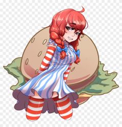 Rule 34 | 1girl, ahoge, blue ribbon, blush, braid, burger, cheese, dress, elbow gloves, fake transparency, food, freckles, gloves, katie the dragon, lettuce, red hair, ribbon, smug, solo, striped clothes, striped dress, striped thighhighs, thighhighs, transparent background, wendy&#039;s, wendy (wendy&#039;s)