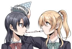 Rule 34 | 10s, 2girls, ayase eli, blazer, blonde hair, blue bow, blue bowtie, blue eyes, blue hair, blush, bow, bowtie, brown eyes, clipe, eye contact, green bow, green bowtie, hat, jacket, long hair, long sleeves, looking at another, love live!, love live! school idol project, multiple girls, party hat, ponytail, scrunchie, simple background, sonoda umi, striped bow, striped bowtie, striped clothes, striped neckwear, upper body, white background