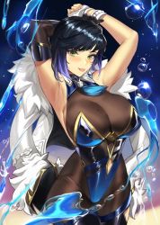 Rule 34 | 1girl, absurdres, armpits, arms up, black hair, bodysuit, breasts, fur trim, genshin impact, green eyes, highres, ja mong, large breasts, leotard, looking at viewer, mole, mole on breast, purple hair, sleeveless, solo, thighs, tongue, tongue out, yelan (genshin impact)
