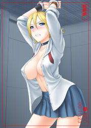 Rule 34 | 1girl, areola slip, arms up, bdsm, blonde hair, blue eyes, blush, bondage, bound, breasts, choker, clenched teeth, cuffs, handcuffs, large breasts, navel, no bra, onizuka hime, open clothes, open shirt, pleated skirt, recording, restrained, school uniform, shirt, short hair, sket dance, skirt, sleeves rolled up, solo, st.germain-sal, sweatdrop, teeth, the rape filter, viewfinder, wrist cuffs