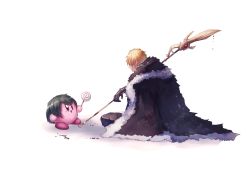 Rule 34 | 1boy, 1other, absurdres, areadbhar (weapon), armor, blonde hair, blue hair, candy, cape, dimitri alexandre blaiddyd, fire emblem, fire emblem: three houses, food, fur trim, heroes relic (fire emblem), highres, holding, kirby, kirby (series), lollipop, nintendo, open mouth, polearm, shiburingaru, short hair, simple background, super smash bros., weapon, white background
