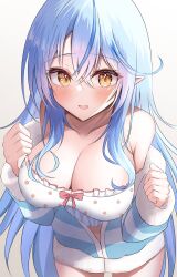 Rule 34 | 1girl, absurdres, bare shoulders, blue hair, blue jacket, blush, breasts, camisole, cleavage, colored tips, commentary, crossed bangs, frilled camisole, frills, fur-trimmed jacket, fur trim, hair between eyes, highres, hololive, jacket, large breasts, leaning forward, long hair, looking at viewer, messy hair, multicolored hair, no pants, official alternate costume, official alternate hairstyle, onabe no shime, open mouth, partially unzipped, pointy ears, removing jacket, shirt, sidelocks, sleepwear, solo, streaked hair, striped clothes, striped jacket, striped shirt, vertical-striped clothes, vertical-striped shirt, very long hair, virtual youtuber, white camisole, yellow eyes, yukihana lamy