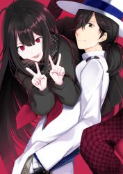 Rule 34 | 1boy, 1girl, :d, ameshizuku natsuki, black hair, black scarf, black shirt, black skirt, brown eyes, commentary request, double v, fate/grand order, fate (series), gloves, hair between eyes, hair over one eye, hat, jacket, long hair, long sleeves, looking at viewer, low ponytail, neckerchief, open mouth, oryou (fate), pleated skirt, red background, red eyes, red neckerchief, sakamoto ryouma (fate), scarf, shirt, skirt, smile, v, very long hair, white gloves, white hat, white jacket