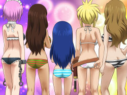 Rule 34 | 5girls, adjusting clothes, adjusting swimsuit, ass, awa, belt, bikini, blonde hair, blue hair, brown hair, butt crack, cana alberona, chain, cuffs, evergreen (fairy tail), fairy tail, from behind, hand on own hip, highres, holster, kneepits, lineup, long hair, lowleg, lucy heartfilia, maid, maid headdress, multiple girls, panty tug, petite, pink hair, shackles, short hair, sidelocks, striped bikini, striped clothes, swimsuit, virgo (fairy tail), wendy marvell, white bikini