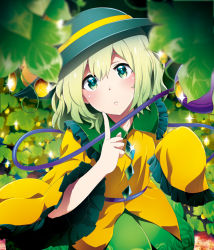 Rule 34 | 1girl, :&lt;, badge, blurry, blush, breasts, button badge, closed mouth, depth of field, finger to cheek, frilled shirt collar, frilled sleeves, frills, from above, glint, green eyes, green hair, green hat, green skirt, hat, highres, index finger raised, ivy, kabayaki unagi, komeiji koishi, long sleeves, looking at viewer, looking up, medium breasts, pentagram, print skirt, rosetta (granblue fantasy), shirt, skirt, sleeves past fingers, sleeves past wrists, solo, tareme, touhou, wide sleeves, yellow shirt